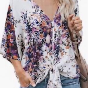 Love Stitch Floral Tie-Front Blouse - Purple and White